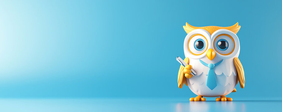 A cute cartoon owl in a blue background, wearing a tie and holding a writing tool, perfect for educational themes.