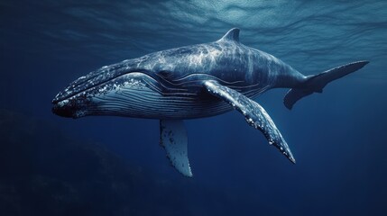 Fototapeta premium A majestic humpback whale glides gracefully through the deep blue ocean waters, showcasing its grandeur and beauty.