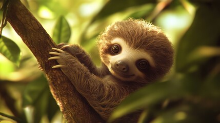 Fototapeta premium A cute baby sloth clings to a tree branch, showcasing its big eyes and soft fur in a vibrant green rainforest.