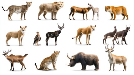 A diverse collection of wildlife featuring a lioness, leopards, deer, and a variety of other animals in a stunning display.