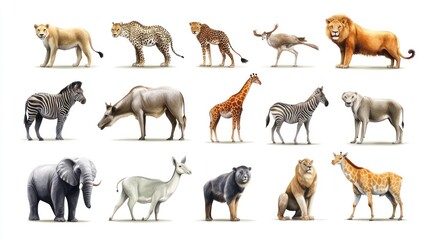 Obraz premium A stunning collection of wildlife illustrations featuring various animals in a naturalistic style.