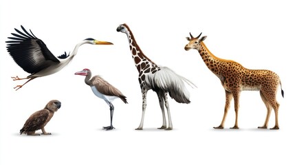 Obraz premium A diverse collection of wildlife featuring a heron, stork, giraffe, and leopard in dynamic poses against a white background.