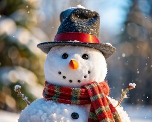 snowman in hat with scarf close up outdoors