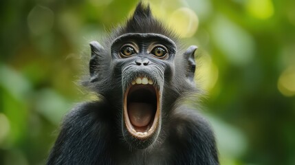 Obraz premium An expressive young black monkey with a striking open mouth, showcasing its sharp teeth against a vibrant green background.
