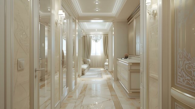 Elegant Hallway Interior Design with Marble Floor and Ornate Doors