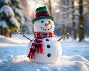 snowman in hat with scarf outdoors