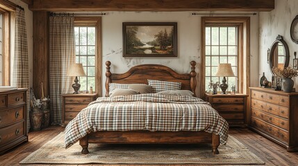 Cozy rustic bedroom with wooden bed, nightstands, and a large rug.  Sunlight streams through windows.