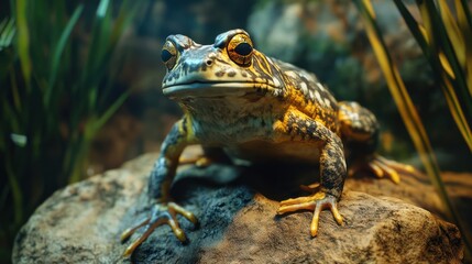 Close-up of a vibrant yellow and blue frog perched on a rock, showcasing its intricate skin patterns and confident stance.