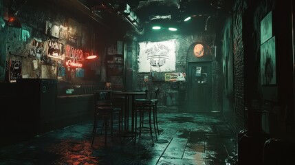 A dimly lit, atmospheric bar interior with vintage decor and neon lights.