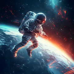 graphics of space, planets, and astronauts on a white background.