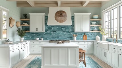 Modern kitchen with white cabinets, blue tile backsplash, and a large island.  A woven pendant light hangs above the island.