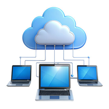 This image depicts cloud computing with multiple laptops connected to a cloud, representing data storage and accessibility. Isolated on transparent or white background.