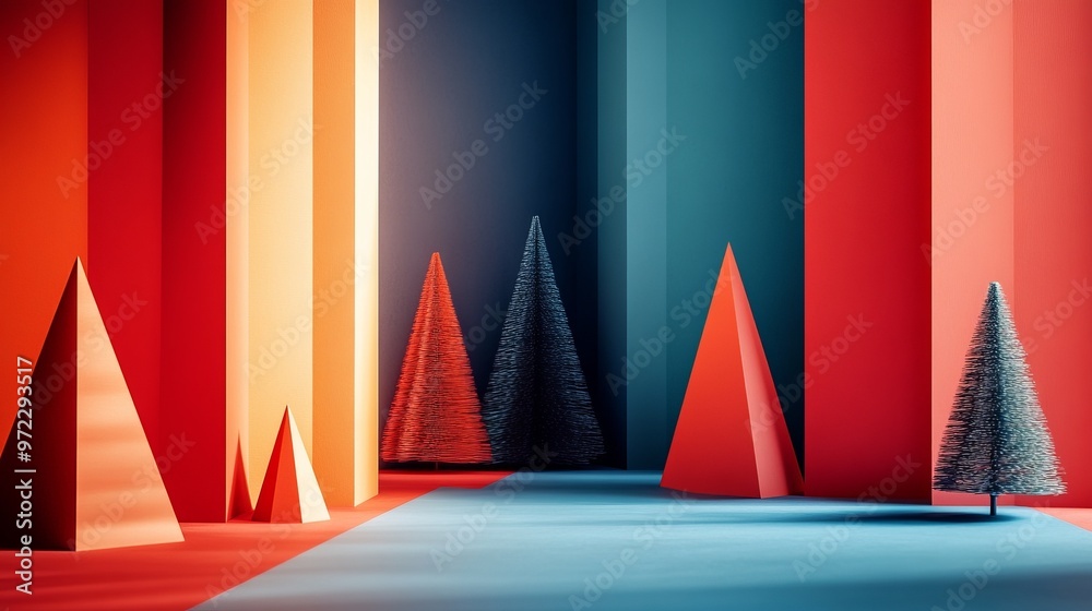 Poster Christmas cards with minimalist, geometric designs, featuring sharp lines and clean shapes in holiday-themed colors. 4K hyperrealistic photo.