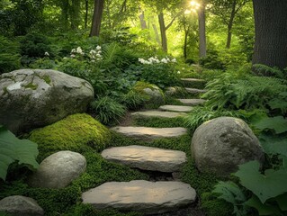 A serene stone pathway winding through a lush forest garden, surrounded by vibrant greenery.
