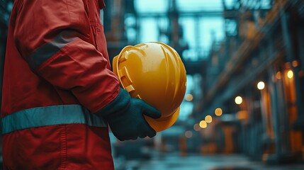An individual clad in safety wear holds securely a yellow construction helmet at an active work site, representing vigilance and commitment to safety protocols in industrial environments