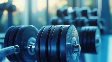 Fototapeta premium Close-up of a heavy dumbbell with a blurred background of additional weights, conveying strength and determination.
