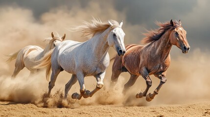 Obraz premium Three majestic horses, a white stallion and a brown mare, galloping together through golden sand, creating a dramatic dust cloud.