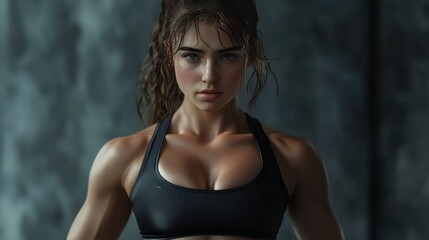 A determined young woman with athletic build, showcasing strength and confidence in a fitness setting.