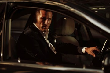 A spectacular man is sitting in a car