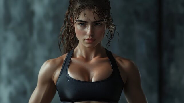 A determined young woman with athletic build, showcasing strength and confidence in a fitness setting.