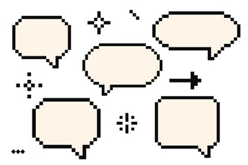 Set of pixel art cloud bubble quote box speech bubble dialog retro 8 bit arcade game interface, manga. Comic chat rectange pixel elements, arrow, star, heart.