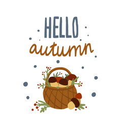 Vector illustration with autumn harvest and mushrooms. Hello Autumn greeting card with original lettering. Design postcard, poster, banner, cover on white background. 