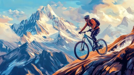 A male mountain biker conquers a rocky trail against a stunning mountain backdrop at sunset.