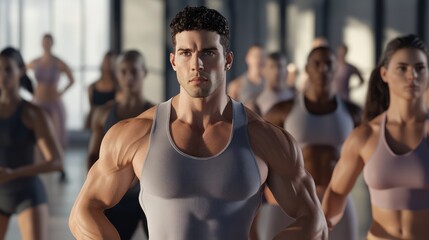 A muscular Caucasian male leader stands confidently in front of a diverse group of fitness enthusiasts during a workout session.
