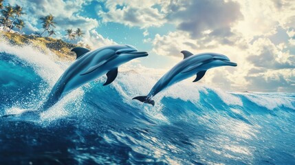 Two playful dolphins leap from the ocean waves under a vibrant blue sky, creating a dynamic scene of joy and freedom.