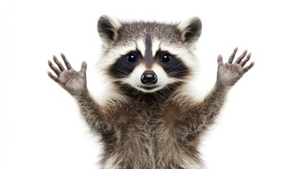 Obraz premium A cute raccoon with outstretched paws, appearing playful and curious against a white background.