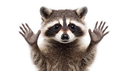 Obraz premium A charming raccoon with its paws raised, showcasing its playful nature and distinct facial markings against a white background.