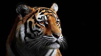 Fototapeta premium Close-up of a majestic Bengal tiger showcasing its striking orange fur and distinct black stripes against a dark background.