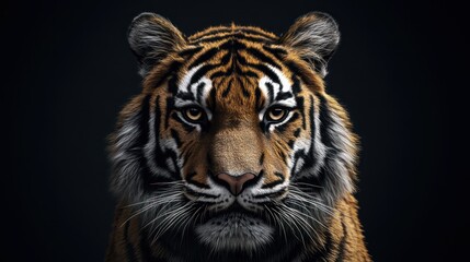 Fototapeta premium A striking close-up of a tiger's face, showcasing its fierce expression and vivid markings.