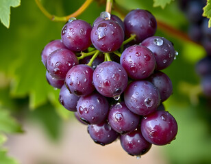A single bunch of purple grapes, covered in fine dew.