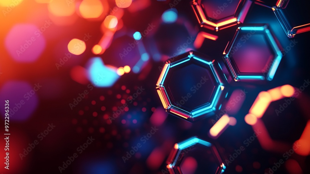 Poster abstract and futuristic hexagonal background with colorful and glowing neon effect. modern technolog