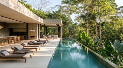 Fototapeta premium A luxurious outdoor swimming pool surrounded by tropical landscaping and lounge chairs in a modern villa.