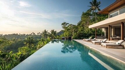 Fototapeta premium A luxurious outdoor swimming pool surrounded by tropical landscaping and lounge chairs in a modern villa.