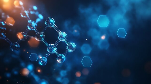 Molecular structure background. Science template wallpaper or banner with a DNA molecules. Abstract molecule background with hexagons, wave flow, illustration.