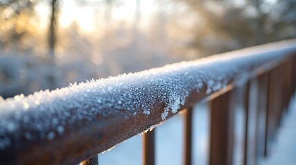 Close-up of frost forming on a metal railing, with the smooth, cold surface of the metal coated in tiny ice crystals. 4K hyperrealistic photo.