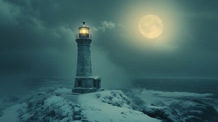Snow-covered lighthouse on a rocky shore under a full moon, with the light from the beacon cutting through the cold night. 4K hyperrealistic photo.