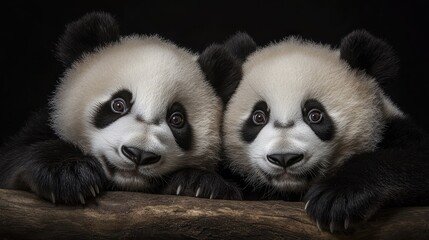 Fototapeta premium Two adorable giant panda cubs, showcasing their expressive faces against a dark background.