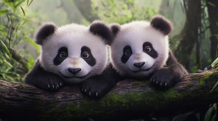 Obraz premium Two adorable baby pandas playfully peeking from a moss-covered tree branch in a lush green forest.