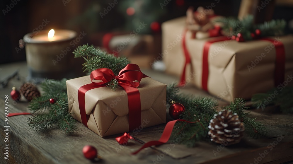 Poster Wrapping DIY Christmas gifts with brown paper, red ribbons, and sprigs of pine, on a rustic wooden table. 4K hyperrealistic photo.