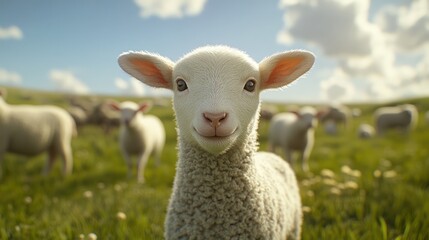 Fototapeta premium A playful lamb stands in a sunny meadow, surrounded by fellow sheep, showcasing its fluffy coat and bright eyes.