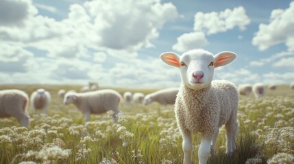 Fototapeta premium A curious lamb stands in a lush green field, surrounded by fluffy clouds and grazing sheep in the background.