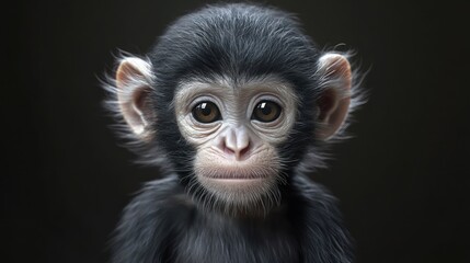 Close-up of an adorable infant monkey with large expressive eyes and fluffy black fur against a dark backdrop.