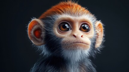 Fototapeta premium A close-up portrait of a cute young monkey with bright eyes and a fluffy orange crown, captivating and curious.