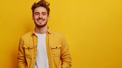 Obraz premium Photo of attractive positive man wear stylish clothes arm hold empty space isolated on vivid yellow color background