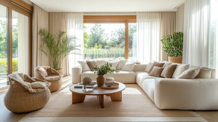 Fototapeta premium Bright and airy living room with a neutral color palette, featuring designer furniture, large windows, and soft, plush textiles
