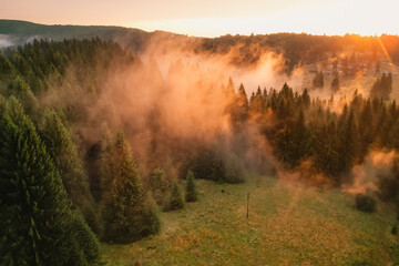 Aerial sunrise on the plain with fog and trees on the meadow. Summer landscape from Poiana Brasov,...